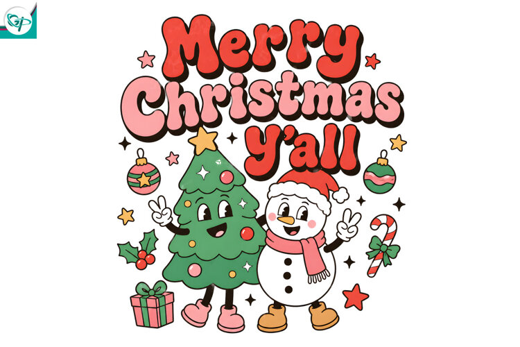 Merry Christmas Y’all PNG, Retro Christmas Sublimation example image 1