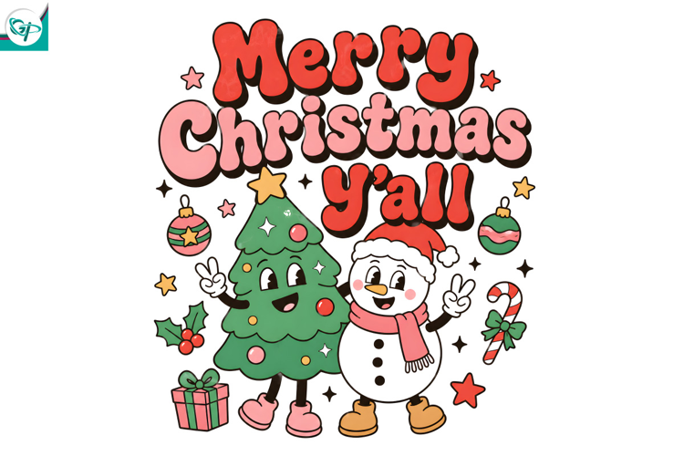 Merry Christmas Y’all PNG, Retro Christmas Sublimation