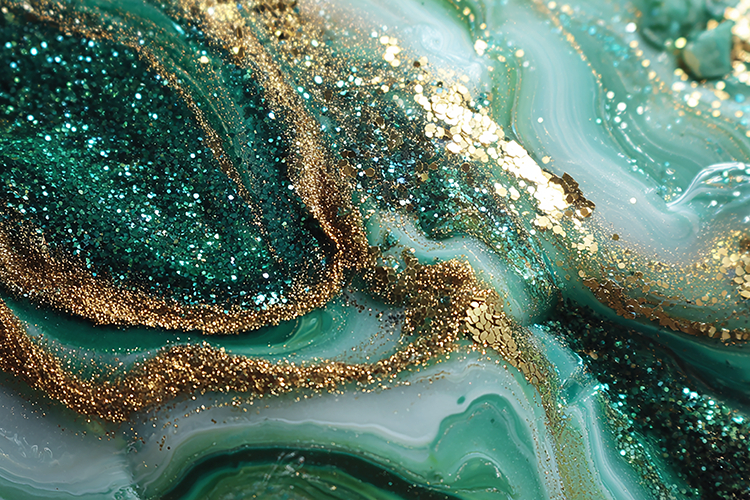 Swirling green and gold glitter patterns