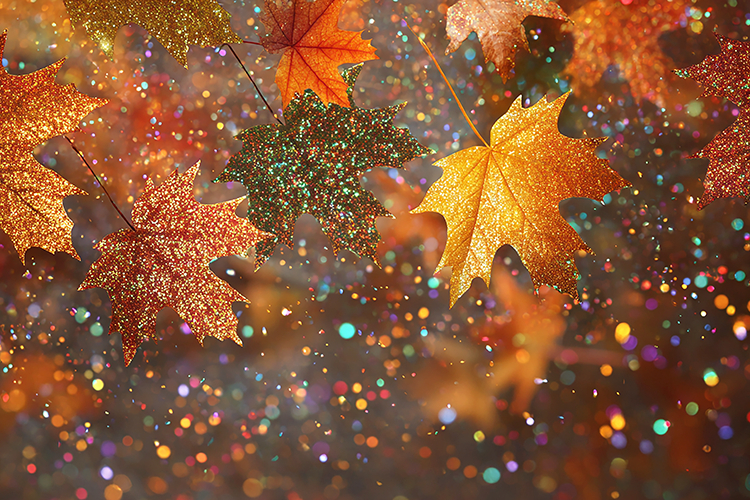Glittering autumn leaves with colorful sparkles
