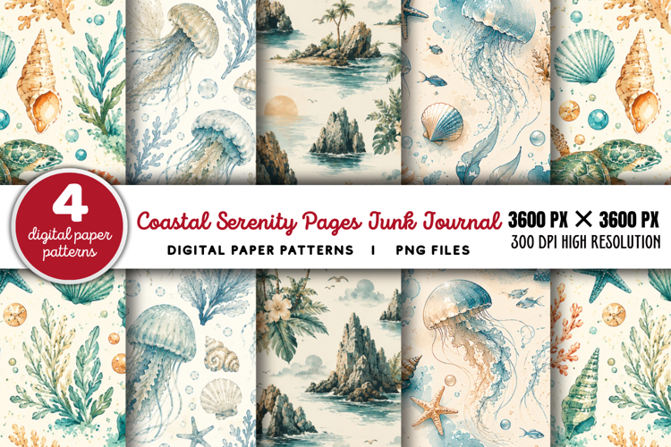 Coastal Serenity Junk Journal Pages PNG