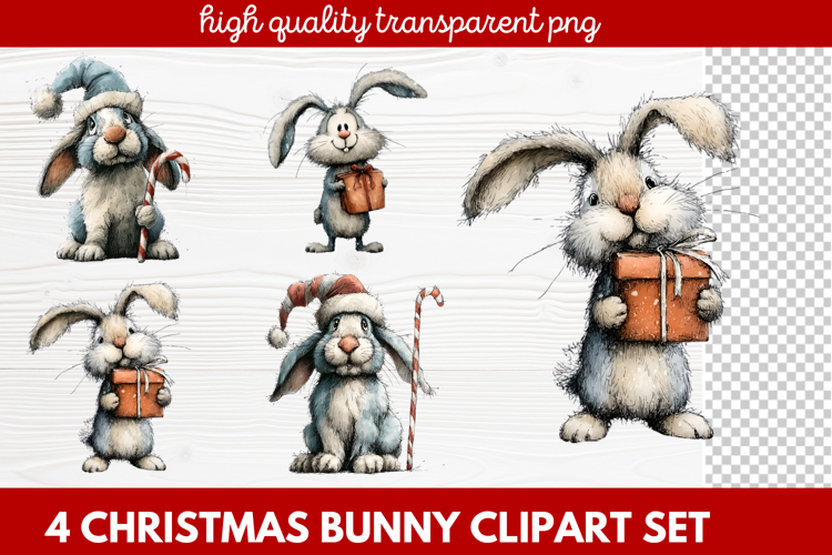 4 Christmas Bunny Clipart | Cute Holiday Bunny PNG Illus