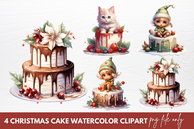 Christmas Cake Watercolor Clipart Sublimation