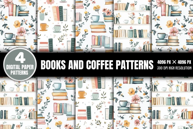 Books and Coffee Digital Paper Patterns PNG