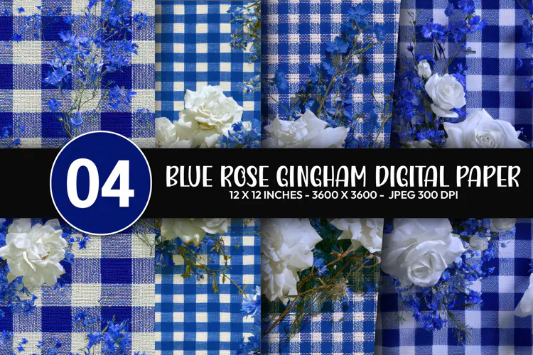 Blue Rose Gingham Digital Paper