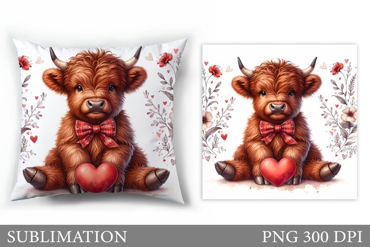 Cute Highland Cow Pillow. Valentines Pillow Sublimation example image 1