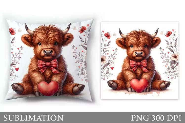 Cute Highland Cow Pillow. Valentines Pillow Sublimation