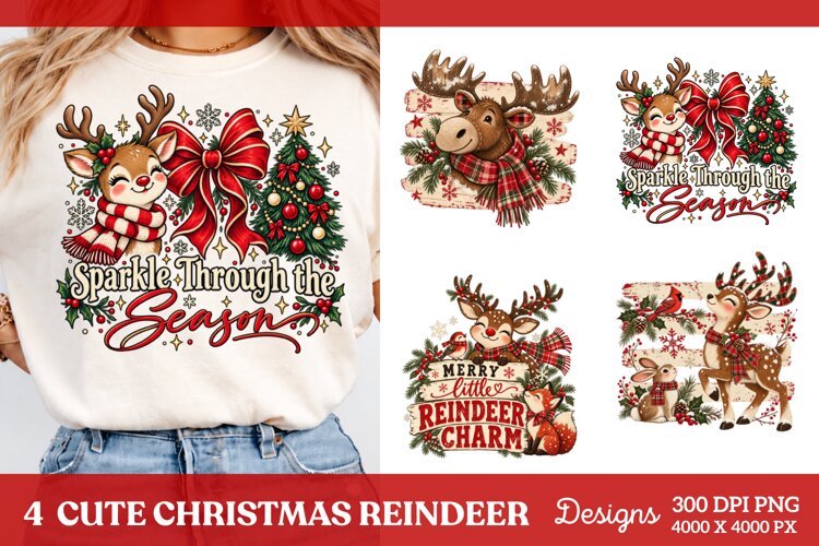 4 Christmas Reindeer Shirt PNG Designs, 4 Cute Reindeer Chri example image 1