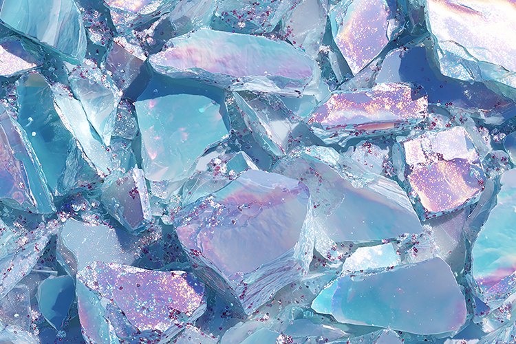 Shattered glass with iridescent hues and sparkling fragments