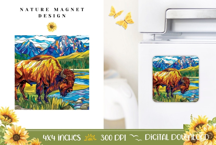 Stained Glass Bison Magnet Design, Nature Magnet Print