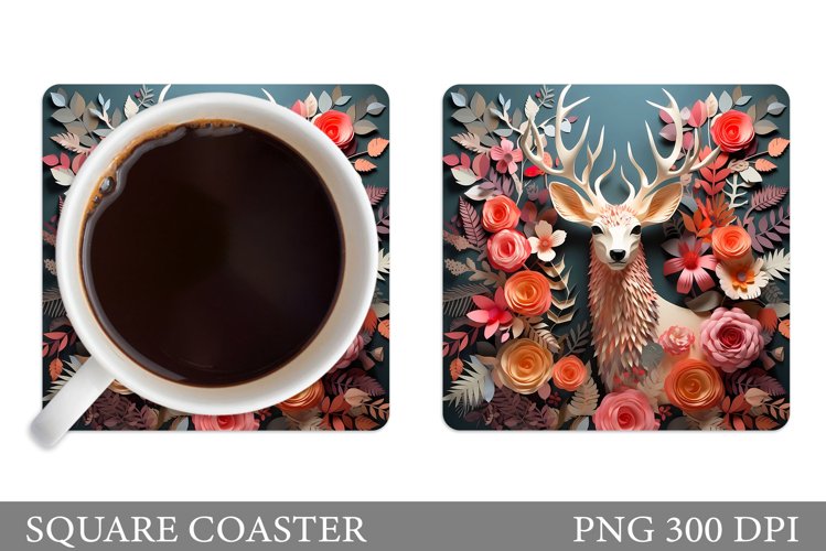 3D Deer Coaster Design. Deer Flowers Coaster Sublimation