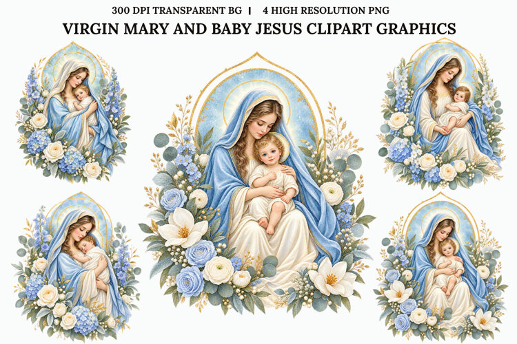 Virgin Mary Baby Jesus Watercolor Christian Floral PNG example image 1