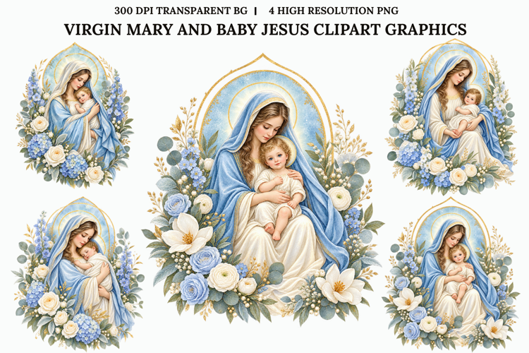 Virgin Mary Baby Jesus Watercolor Christian Floral PNG