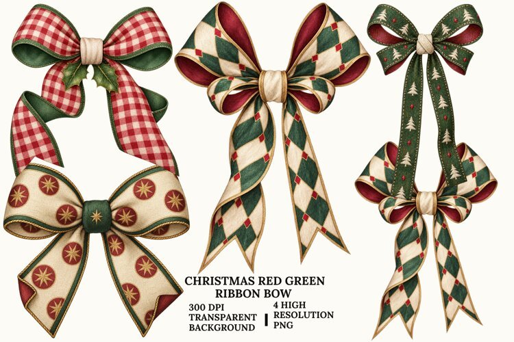 Christmas Red Green Bow PNG, Festive Ribbon Sublimation Art example image 1