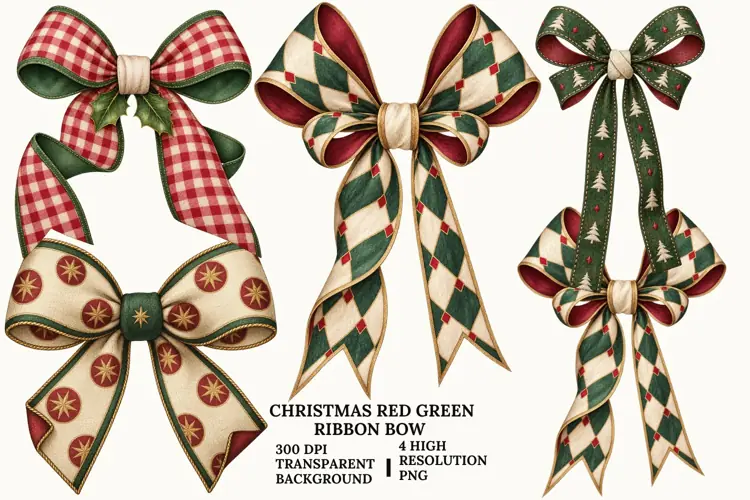 Christmas Red Green Bow PNG, Festive Ribbon Sublimation Art
