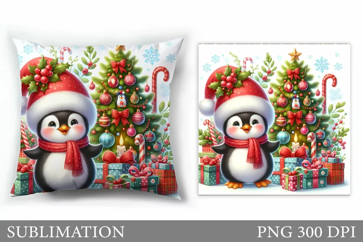 Cute Penguin Pillow Design. Christmas Pillow Sublimation