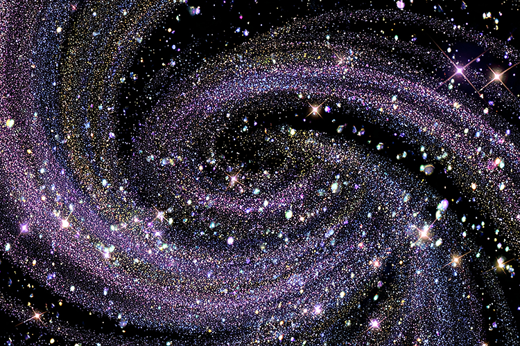 Spiral galaxy with vibrant purple and gold hues in space