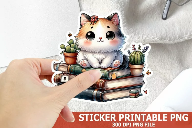 Cute Cat on A Stack of Books Sticker| Books Sticker