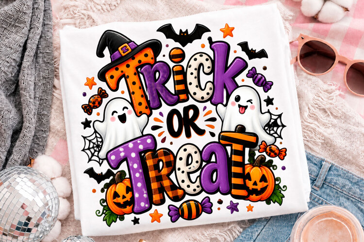 Cute Trick Or Treat Halloween Ghost Pumpkin T-Shirt Design example image 1