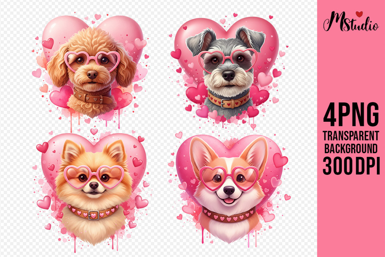 Valentine Dogs PNG Cute Puppies with Heart Glasses