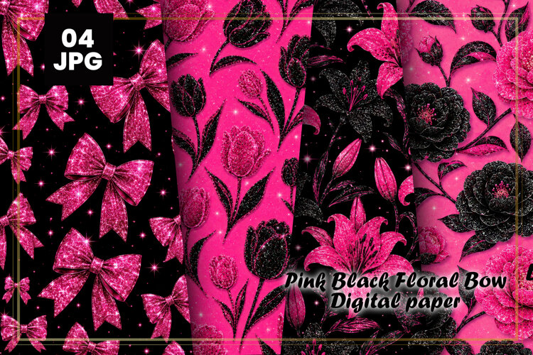 Pink Black Floral Bow Digital Paper example image 1
