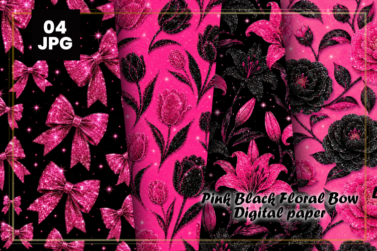 Pink Black Floral Bow Digital Paper