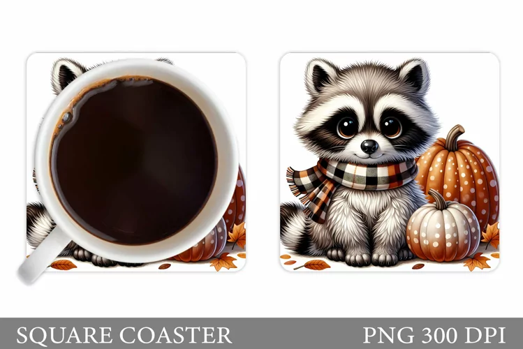 Fall Raccoon Coaster Design. Cute Raccoon Coaster