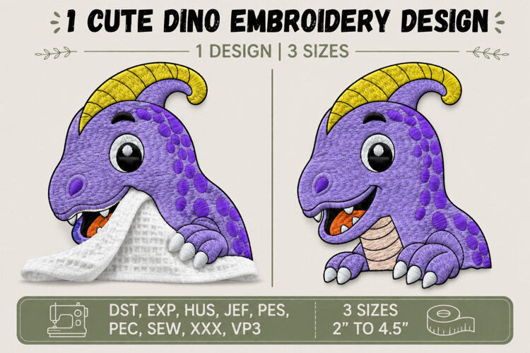 Cute Parasaurolophus Dinosaur Machine Embroidery Design example image 1