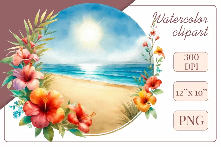 Summer Beach Watercolor, Clipart, Sublimation Design, Png