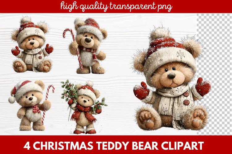 4 Christmas Teddy Bear Clipart | Cute Holiday Bear PNG Illus