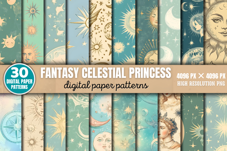 Fantasy Celestial Princess Digital Paper Bundle PNG