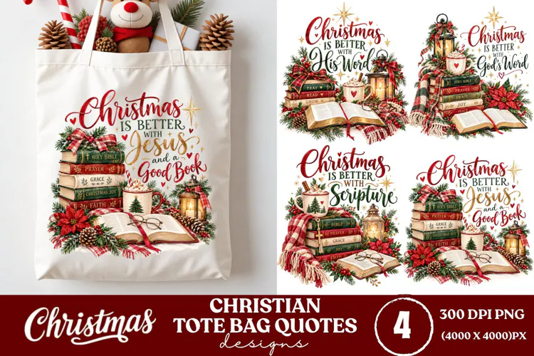 4 Christian Christmas Tote Bag PNGs, 4 Bible Lover Christmas