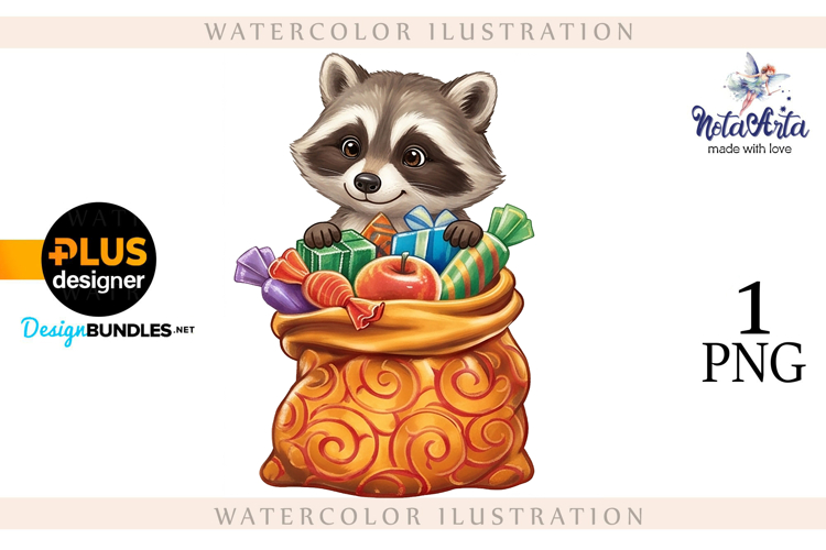 Christmas Raccoon Watercolor Illustration