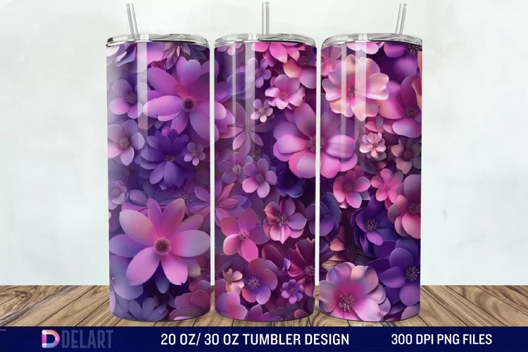 3D Fuchsia and Violet Flowers Tumbler Wrap