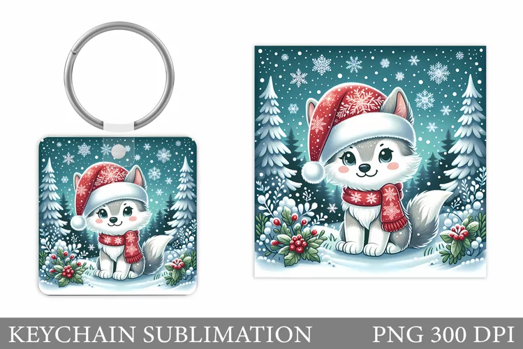 Christmas Wolf Keychain. Christmas Keychain Sublimation