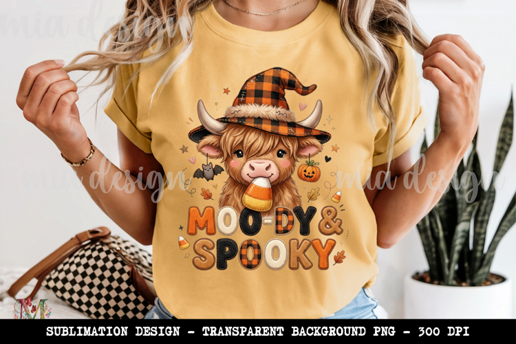 Moody Spooky PNG, Halloween Highland Cow Sublimation Design