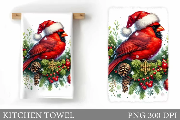 Cardinal Kitchen Towel. Christmas Bird Kitchen Towel Design