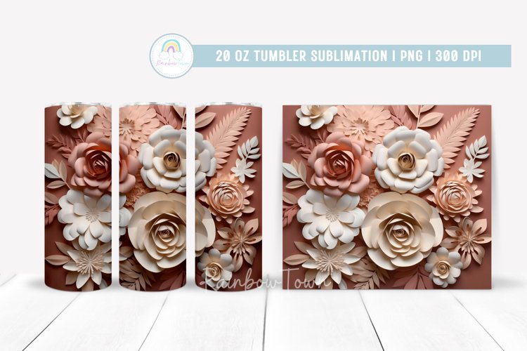 3D Pink and Beige Flowers Tumbler Sublimation Wrap example image 1