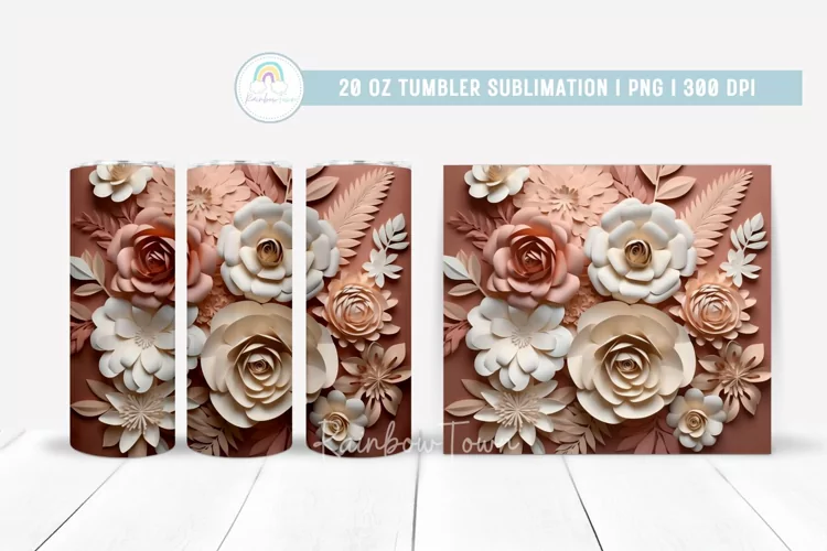 3D Pink and Beige Flowers Tumbler Sublimation Wrap