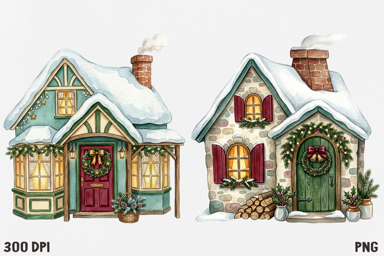 Christmas Village Watercolor Clipart PNG, Whimsical Holiday
