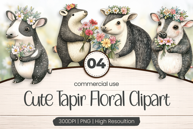 Cute Tapir Floral Clipart PNG