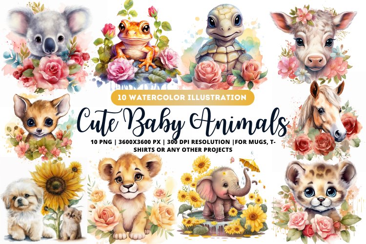 Baby Animals Watercolor bundle | Baby Animals bundle example image 1
