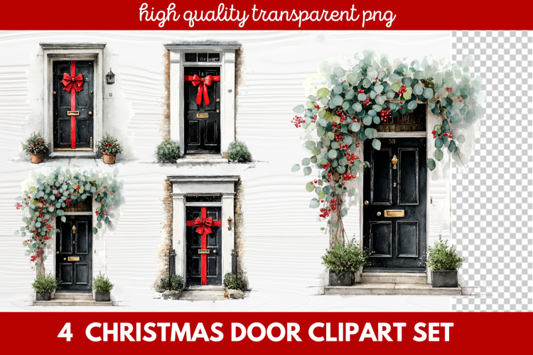 4 Christmas Door Clipart Set | Festive Holiday Front Door
