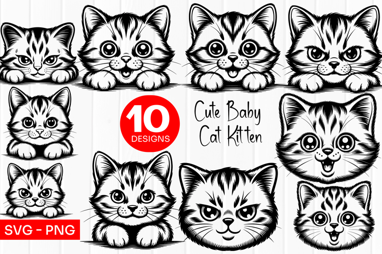 Cute Kitten Faces Line Drawing SVG PNG