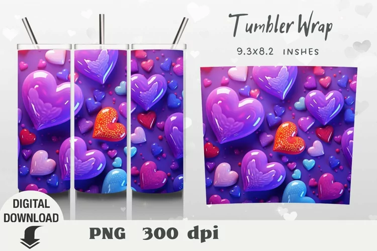 Valentine's Day Tumbler Wrap, heart 3D Sublimation