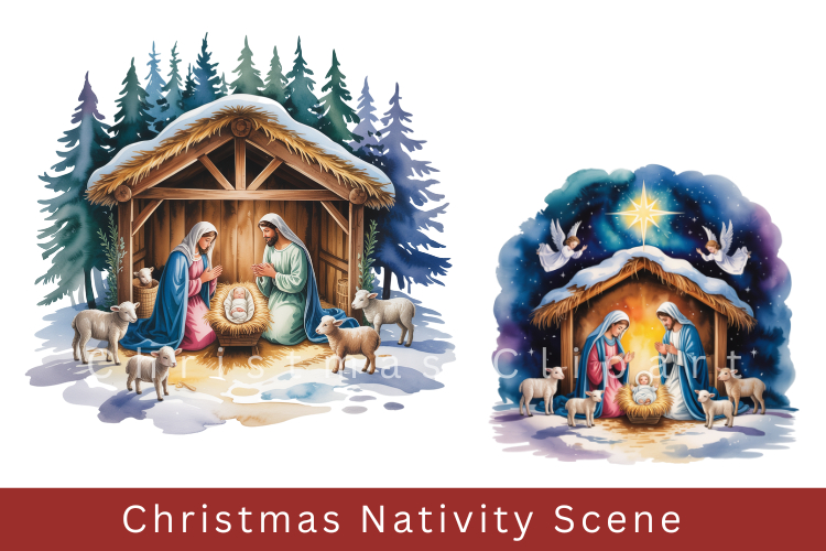 Christmas Nativity Scene Clipart, watercolor Nativity Scene