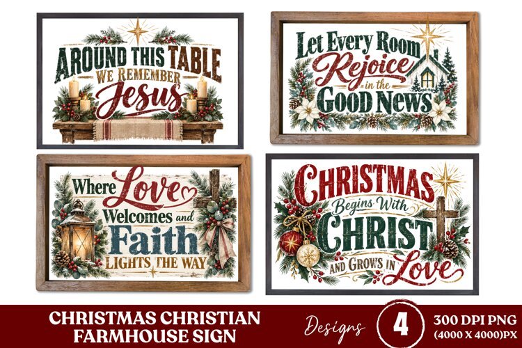 4 Christian Christmas Farmhouse Sign PNGs, 4 Rustic Christma example image 1