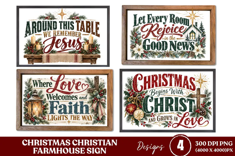 4 Christian Christmas Farmhouse Sign PNGs, 4 Rustic Christma
