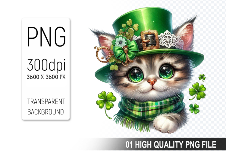St. Patrick’s Day Cat with Green Hat Clipart, Shamrocks PNG