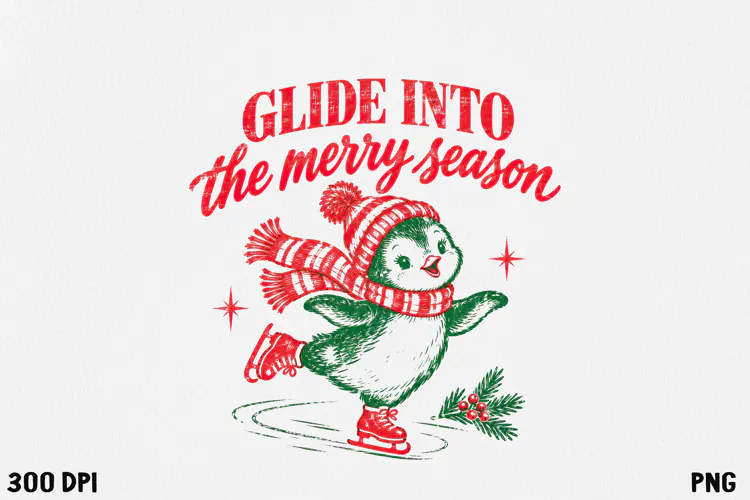 Vintage Christmas Ice Skating Penguin Retro Holiday PNG